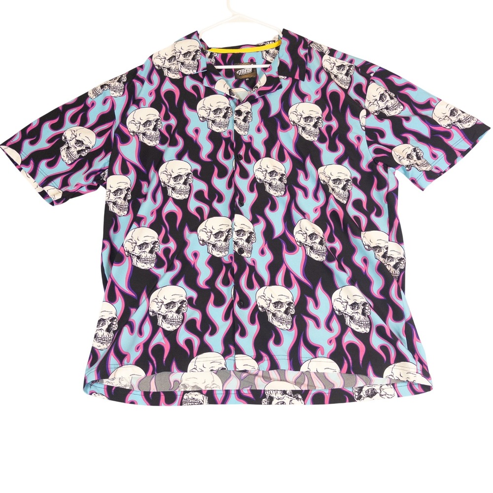Fresh Prints of Bel-Air Mens 2X Skull Flame‎ Print Button Down Shirt Black Blue